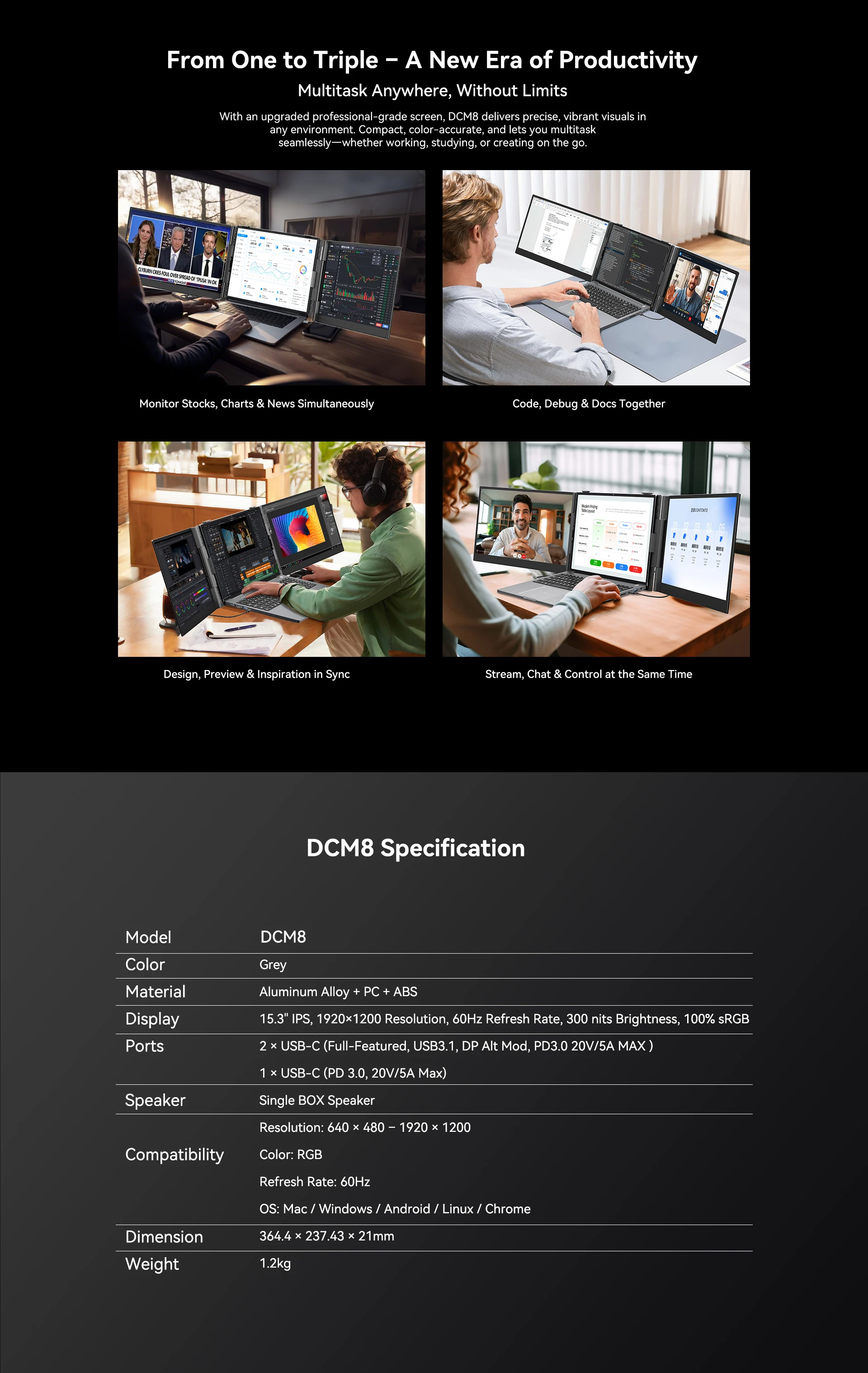 Blackview DCM8 Triple Laptop-Bildschirmerweiterung, 15,3 Zoll 1080P FHD IPS tragbarer externer Bildschirm, für Windows/Mac/Chrome OS & Mobile – Detail 9