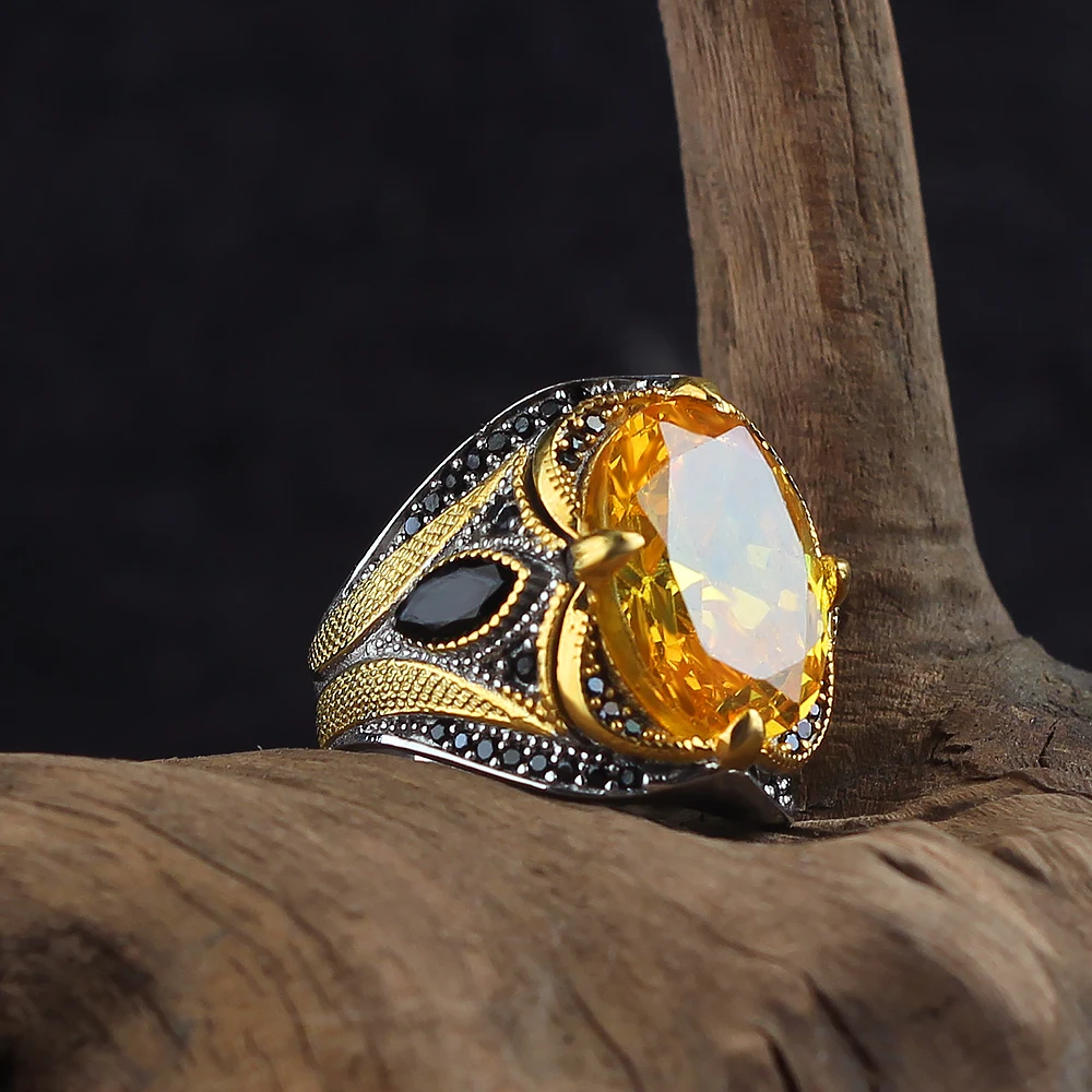 925 Sterling Silver Ring Beauty Oval Citrine stone Rhodium & gold plated 19gr luxurious style High quality gift for men jewelry