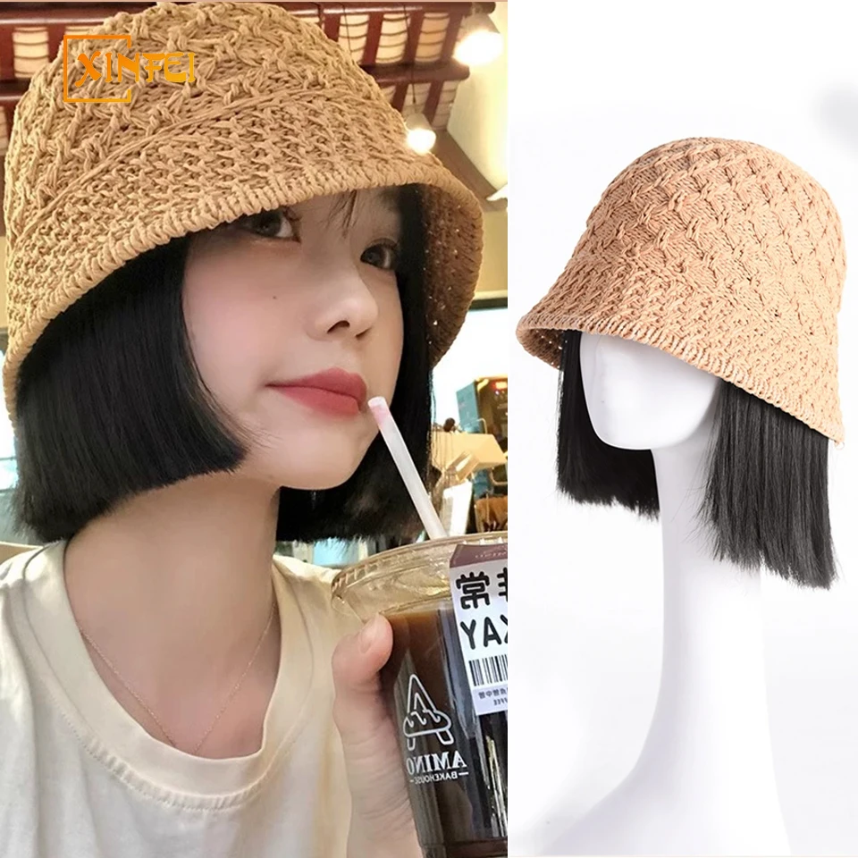 XINFEI Synthetic Wig Hats Integrated Wig Women's Short Hair Straw Hats Summer Fisherman's Hats Fashion Sun Hats Natural Headgear