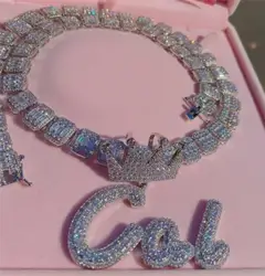 THE BLING KING Big Crown Clasp Custom Brush Script Letter Two Tone Pendant Micro Paved Baguettecz Chain Necklace Hiphop Jewelry