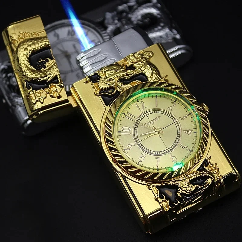 Montre de luxe LED dorée coupe-vent Jet Butane briquet torche Turbo gaz gonflable briquet cigares accessoires cadeau pour hommes