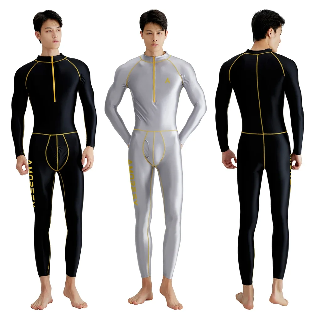 AMORESY męskie dresy zestawy topy legginsy błyszczące błyszczące Fitness sportowy bieganie zamek błyskawiczny z przodu ogólnie Catsuit uniwersalne kombinezony — zdjęcie 2