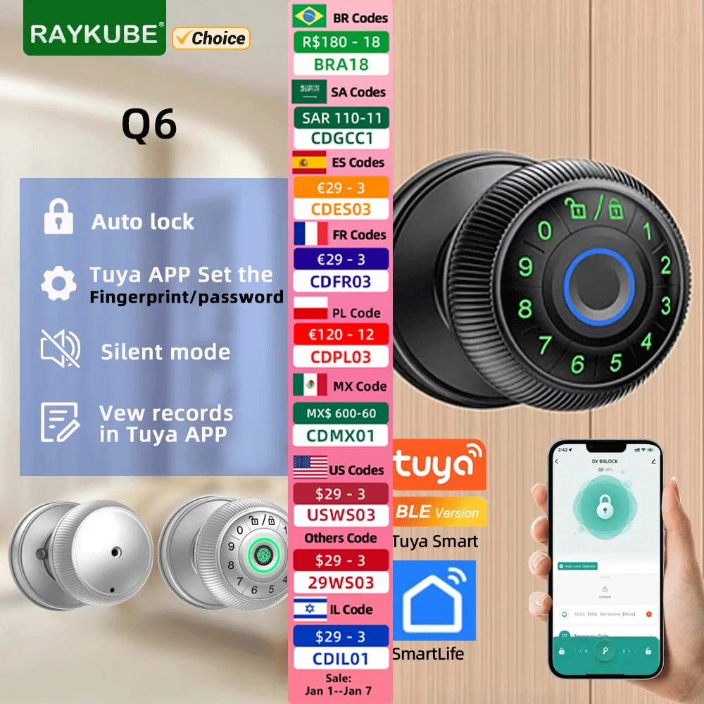 

RAYKUBE Q6 Tuya BLE Smart Fingerprint Door Lock Electronic Lock with Password/Key/Smartlife/Tuya APP Unlock For Bedroom