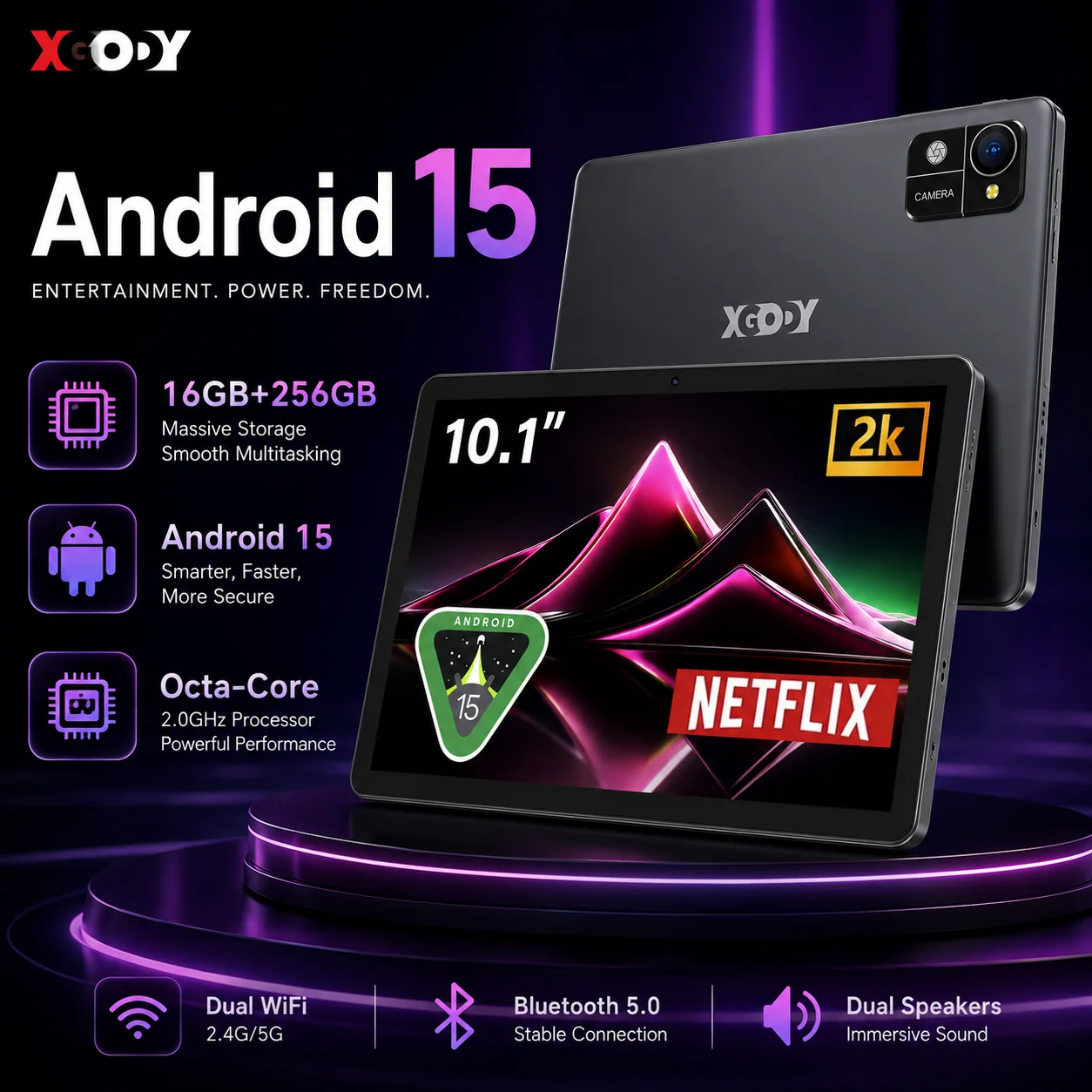 XGODY N02 Pro 10.1 Inch Android 15 Tablet 16GB RAM 256GB ROM Storage Widevine L1 HD IPS Display 7000mAh Battery Dual WiFi Pad