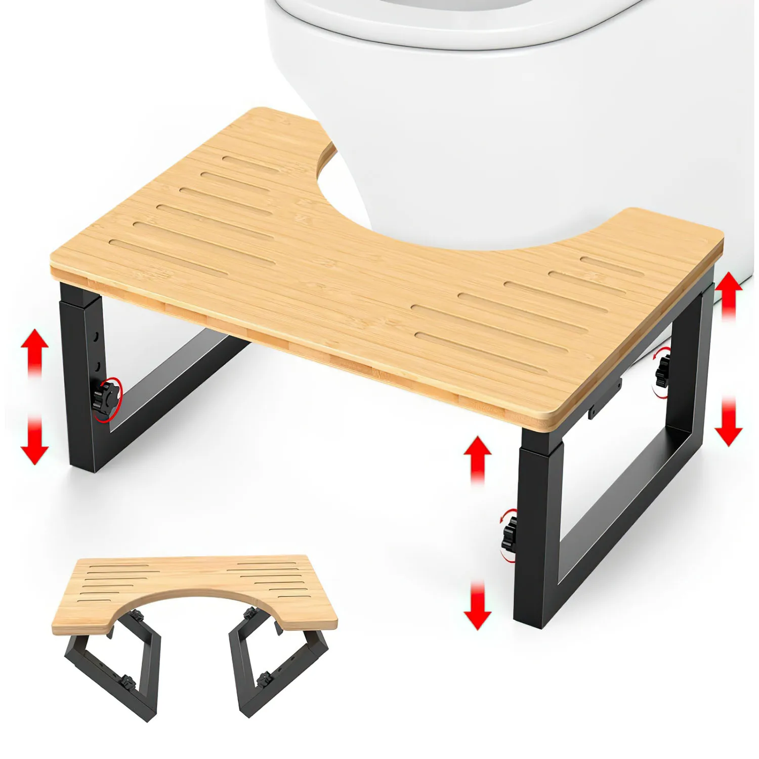 Klappbarer Toilettenhocker aus Bambus & Eisen – 3-stufig höhenverstellbar, 40×26×27 cm, bis 200 kg Belastbarkeit, platzsparendes Fußbänkchen für Bad & WC – ideal für entspanntes Sitzen & gesunde