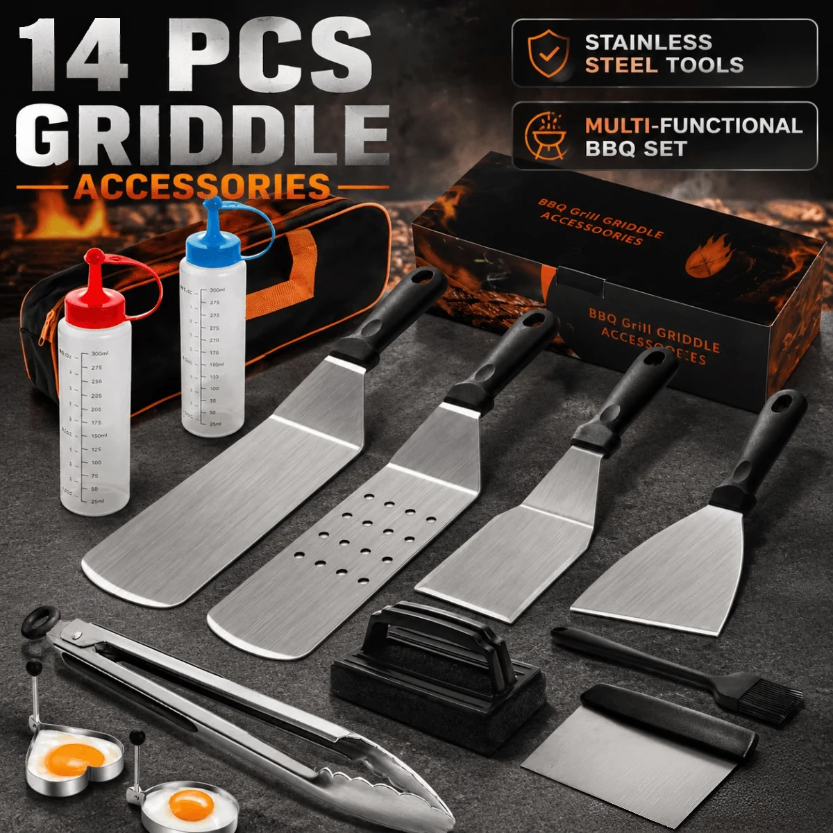 14-teiliges Grillwerkzeug-Set aus Edelstahl, professionelles BBQ-Zubehör-Kit mit Spateln, Schaber und Zangen, robuste Kochutensilien für Flachgrill, Grillen, Outdoor-Kochen, Camping und Küche