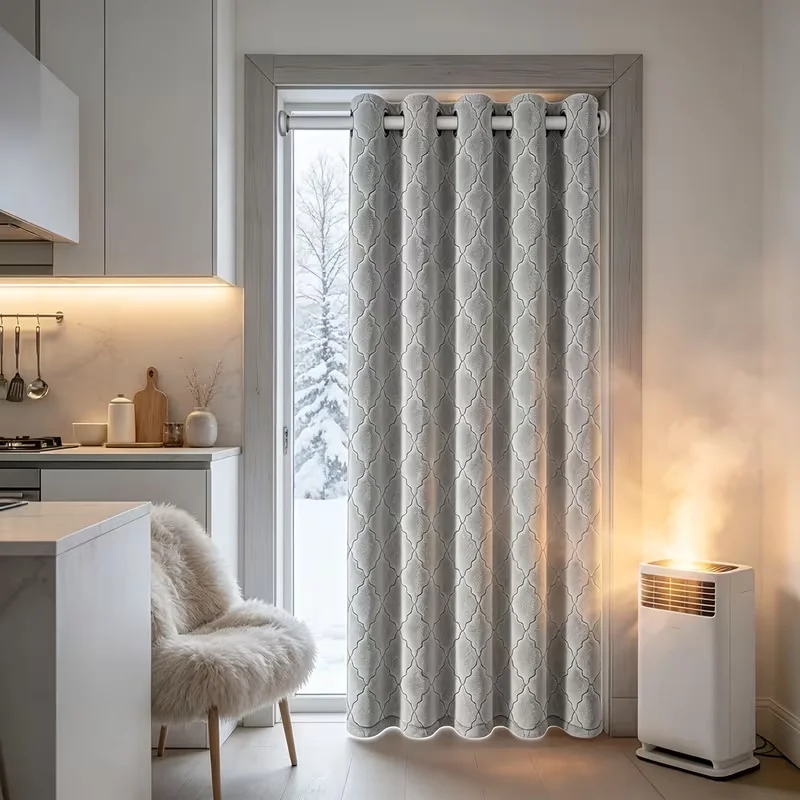 1PC Quilted Thermal Door Curtain, Grommet Top Windproof Insulated Blackout Divider for Bedroom, Living Room & Balcony