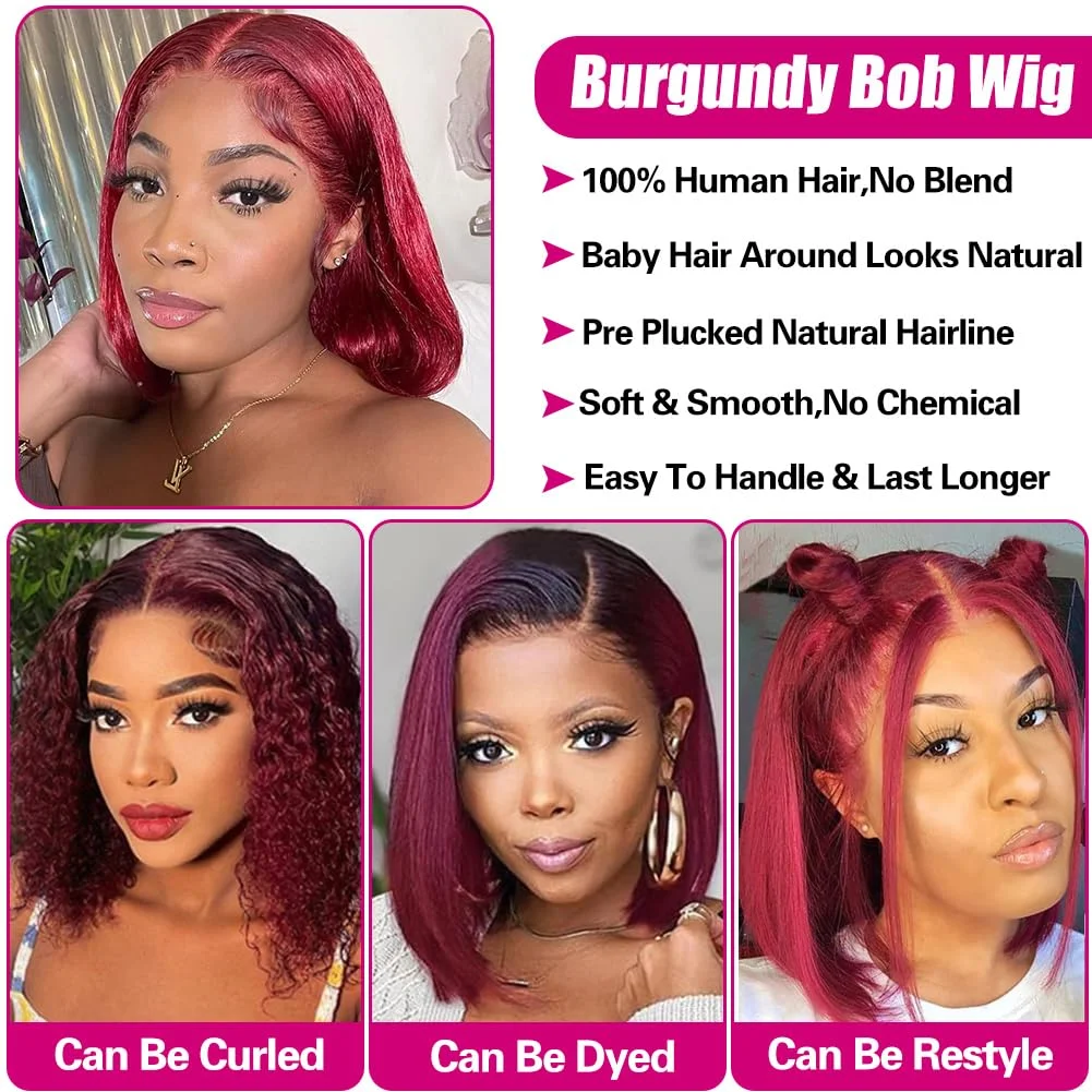 99J Wig Bob pendek renda depan warna merah rambut manusia 16 inci pendek Bob 99J Burgundy 13x4 Wig Frontal renda telah ditanami untuk wanita