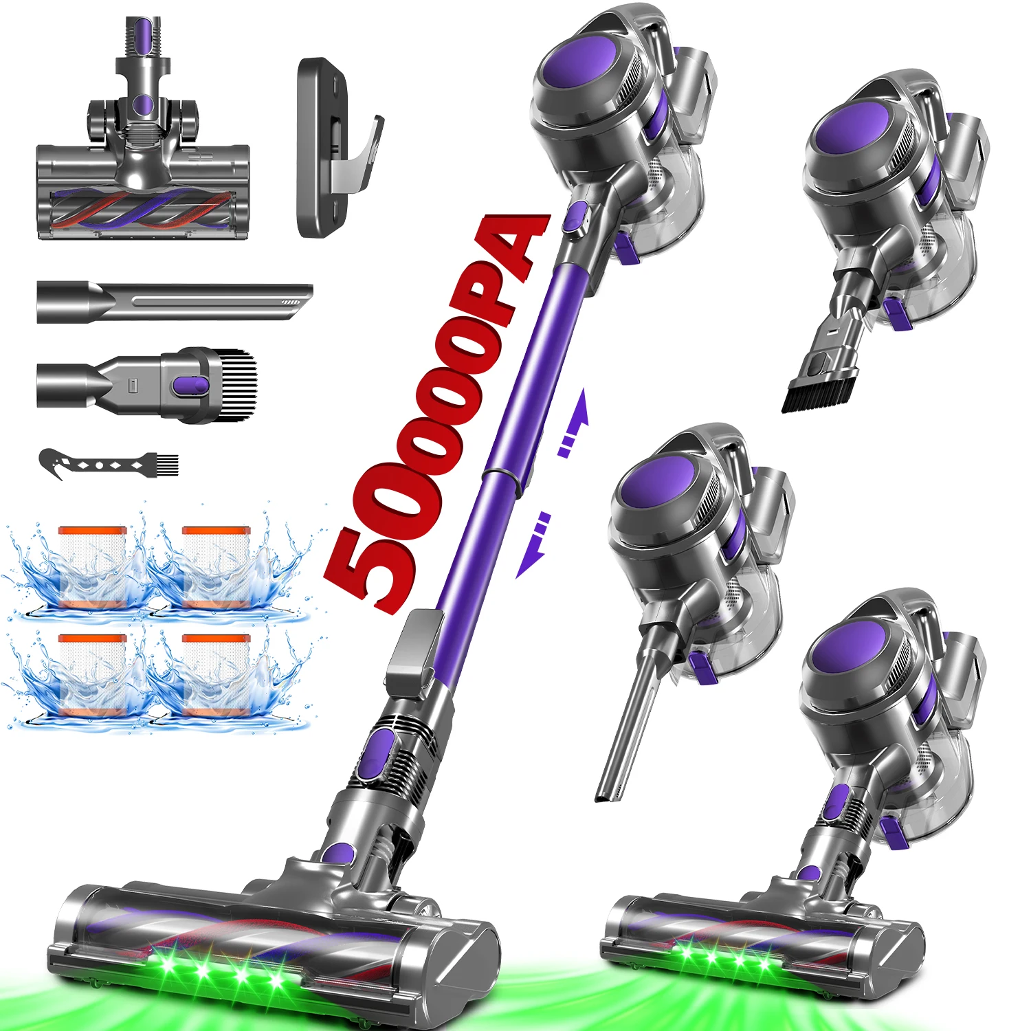 Aspirateur sans fil 50KPa, autonomie de 60 minutes, moteur sans balais, aspirateur à main sans fil, bac à poussière de 1,6 L, brosse LED pour sol, maison, voiture, poils d'animaux