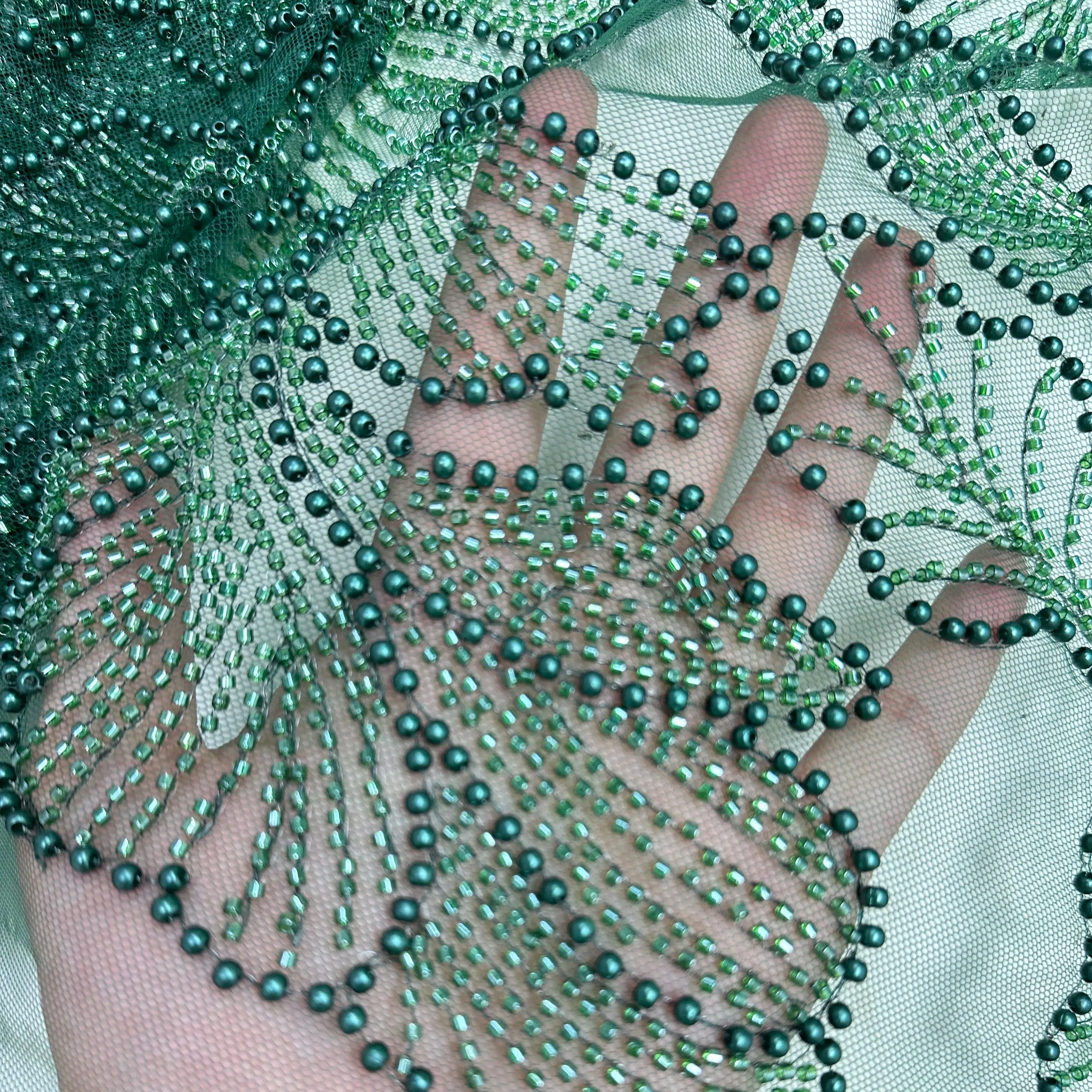 Mesh Lace Fabric with Bead Sequin Chain Stitch Embroidery Leaf Pattern for Dance Dress Patchwork Material Handmade Tulle Fabric