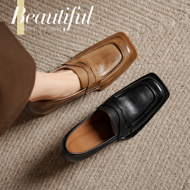 

Leather Penny Loafer Heels for Women Square Toe High Chunky Heel Pumps Shoes Dress Saddle Moccasins 2025 Hot Sales