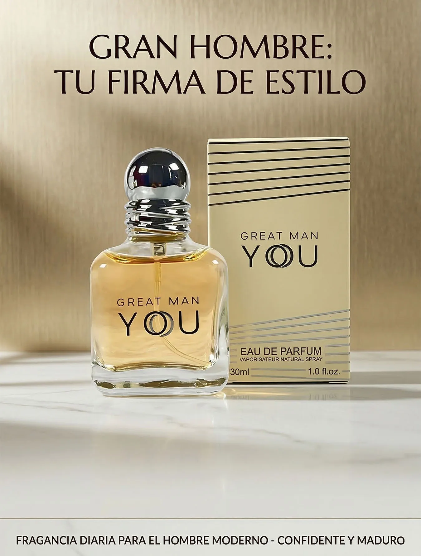 Perfume Great Man YOU 30ml Eau De Parfum para Hombre Aroma Cítrico Amaderado de Larga Duración Fragancia de Viaje Portátil Loción Masculina Elegante con Notas de Sándalo y Vainilla Regalo Caballero Moderno y Maduro