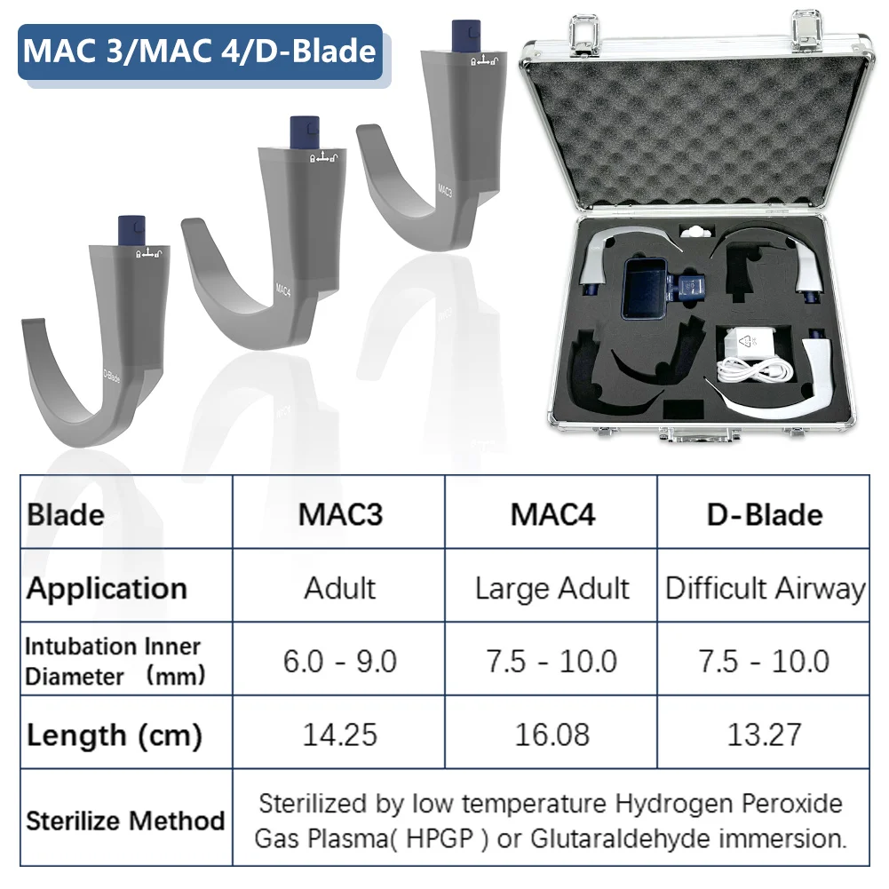 3.5 inch Touchscreen Digital Video Laryngoscope with 3 Reusable Blades (MAC3 / MAC4 / D-Blade) Include Suitcase Waterproof Cap