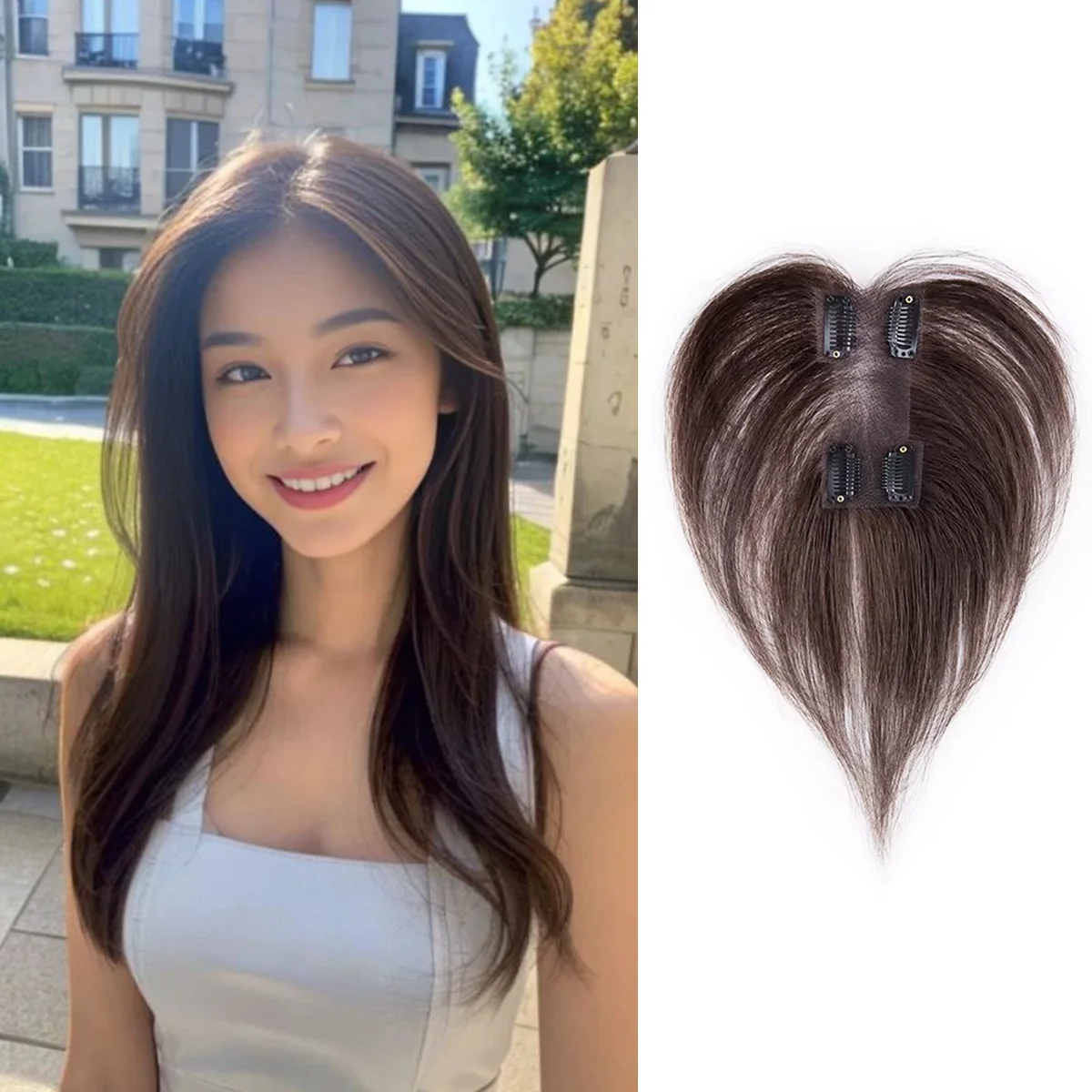 Straight Real Human Hair Topper Hand Tied Thin 5*12cm Lightweight Clip In Remy Hairpiece for Natural Look and Repeated Use