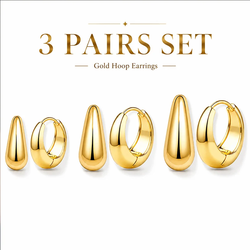 3 Pairs 14K Gold Plated Hoop Earrings Set for Women Chunky Huggie Earrings Multiple Piercing Ear Stack Jewelry Gift