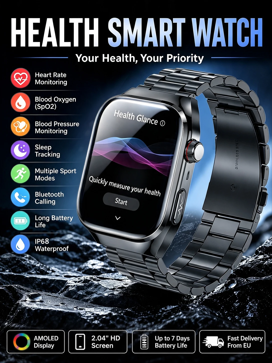 2026 Neue Smartwatch in Krankenpflegequalität mit EKG+PPG, 2,01'' HD-Bildschirm, Bluetooth-Anruf, Herzfrequenz-, Blutlipid- und Harnsäure-Gesundheitsmonitor, Unisex-Smartwatch