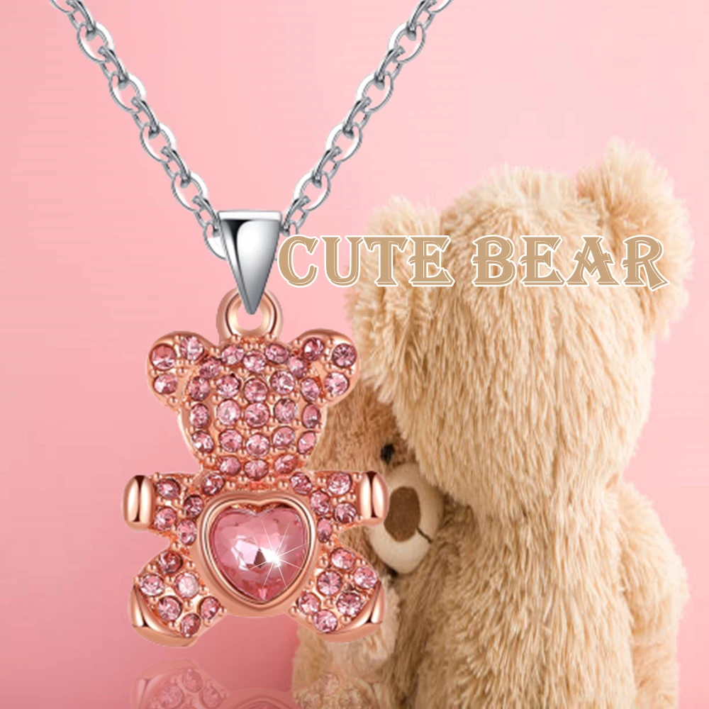 Cute Cartoon Pink Bear Holding Heart Pendant Necklace for Women Exquisite Princess Girl Party Jewelry Accessories Birthday Gifts