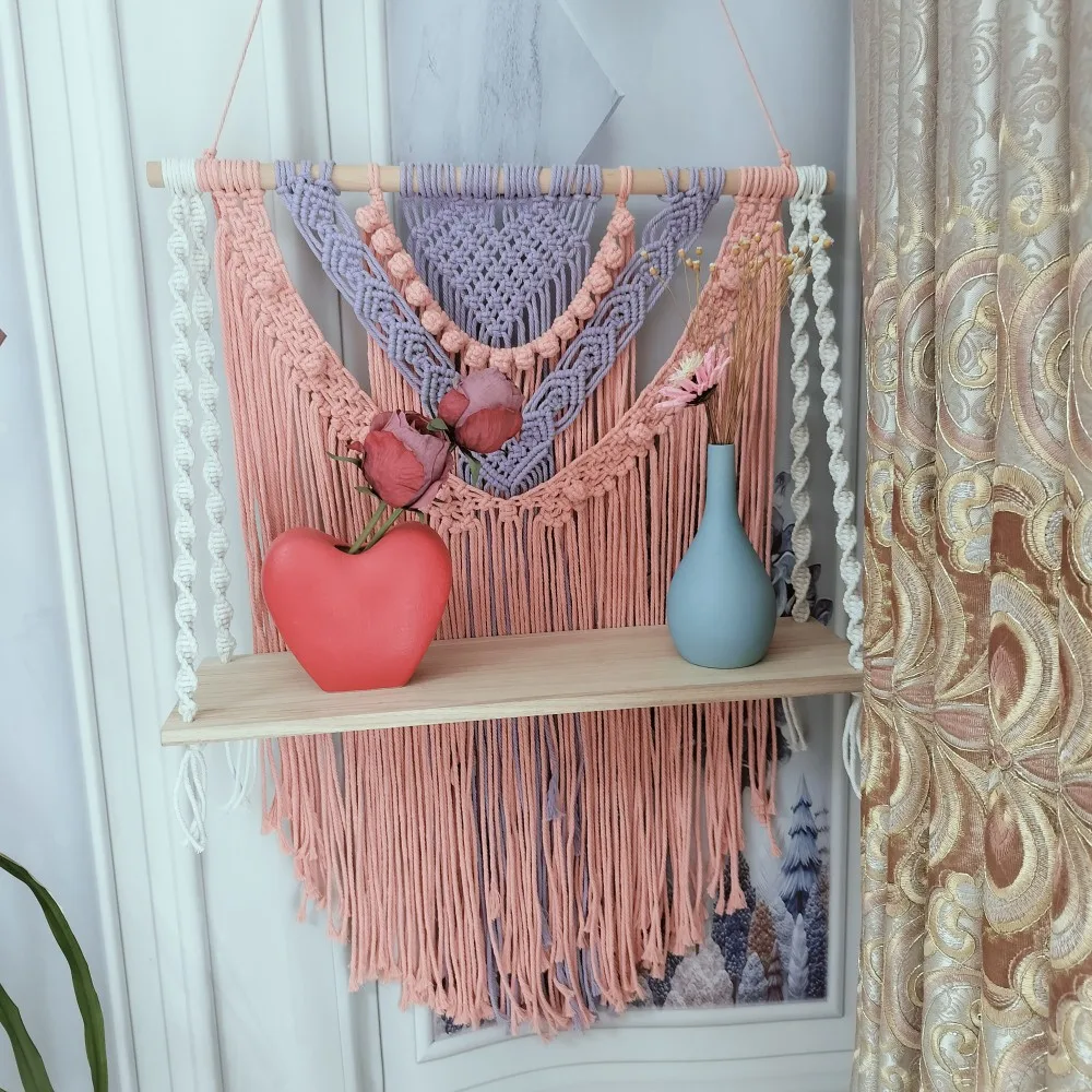 

Wood Floating Shelf Handwoven Heart Patterns Macrame Hanging Shelf Rustic Flower Pot Arts Crafts Display Stand Boho Plant Hanger
