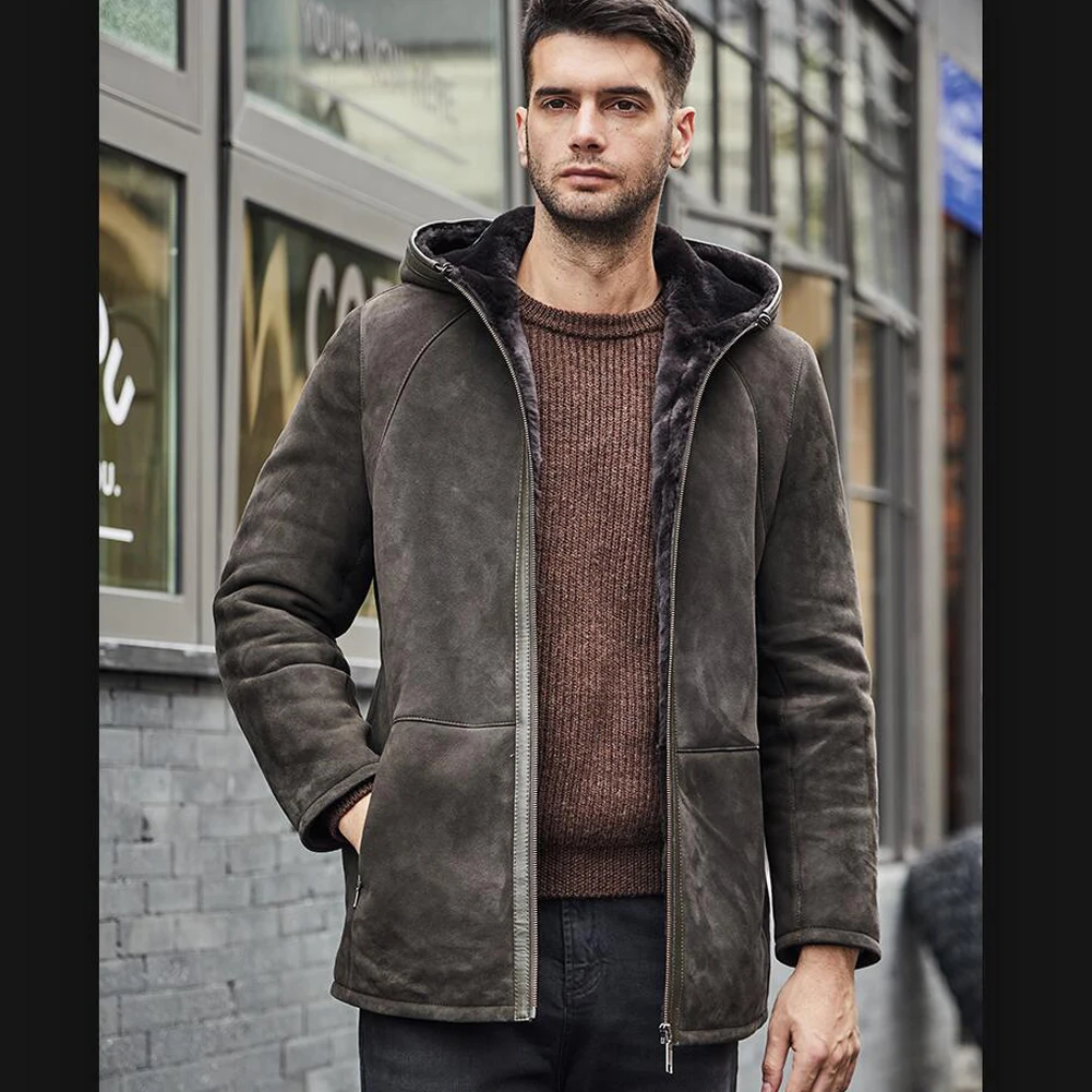 Denny&Dora Mens Shearling Jacket Hooded Warm Winter Jacket Suede Mid-Length Sheepskin Coat