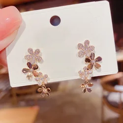 New Exquisite Zircon Flower Drop Earrings for Women Korean Elegant Luxury Long Tassel Earring Girls Party Temperament Jewelry