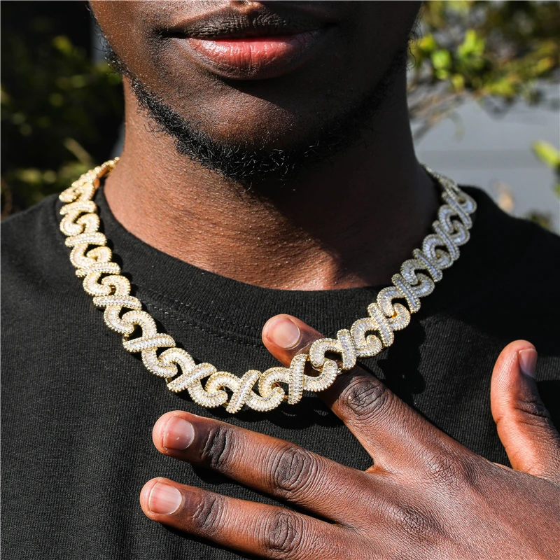 D&Z Hip Pop Luxury Bling Full Zircon 16MM Infinite Cuban Chain Bracelet Necklace For Men Gold Plated Brass Charm Jewelry Set