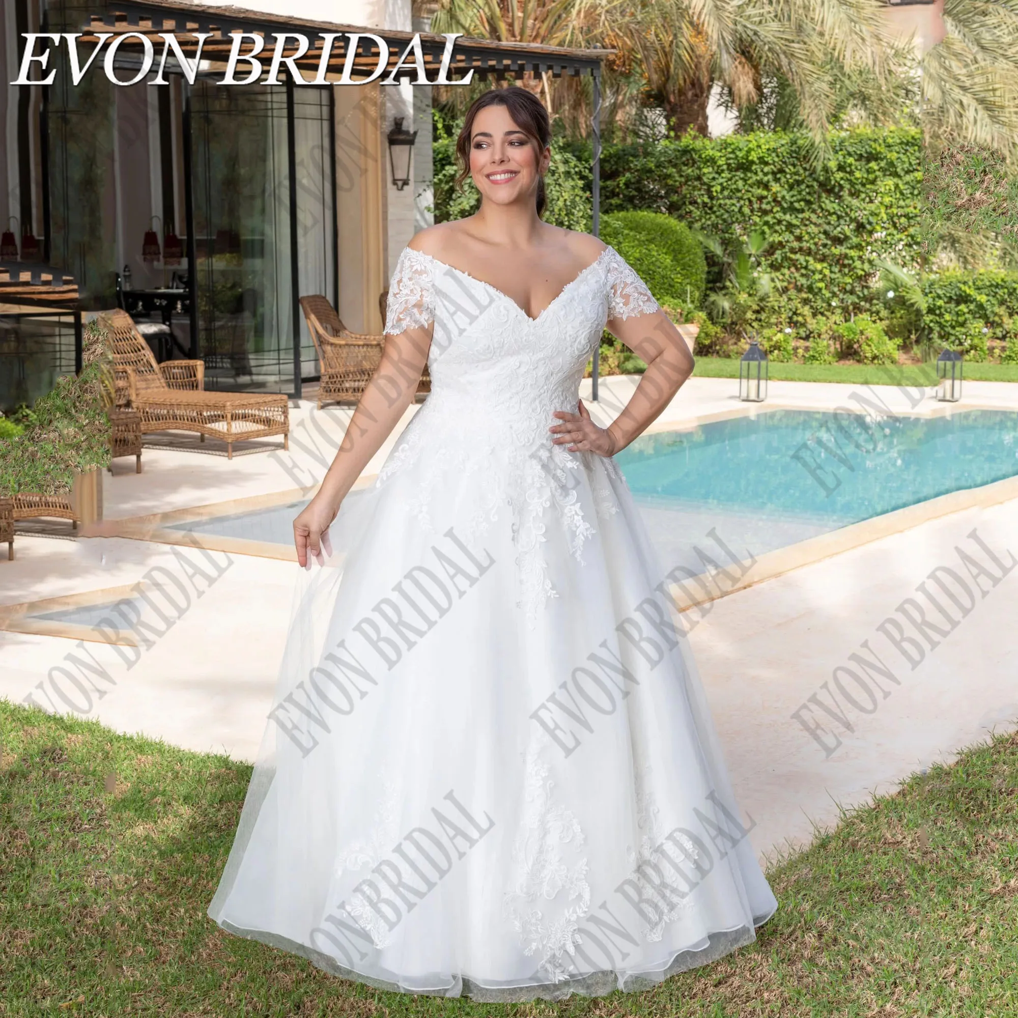 

EVON BRIDAL Off Shoulder Wedding Dress Plus Size Woman Bride Lace Up V-Neck A-Line Tulle Applique Custom Made Robe De Mariée