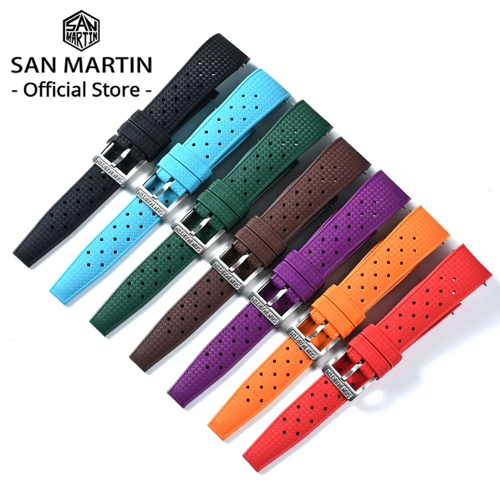 San Martin Watch Band FKM Strap 19mm 20mm 21mm Curved End Premium-Grade Tropi Fluorine Rubber Summer Diving Waterproof  SN0144