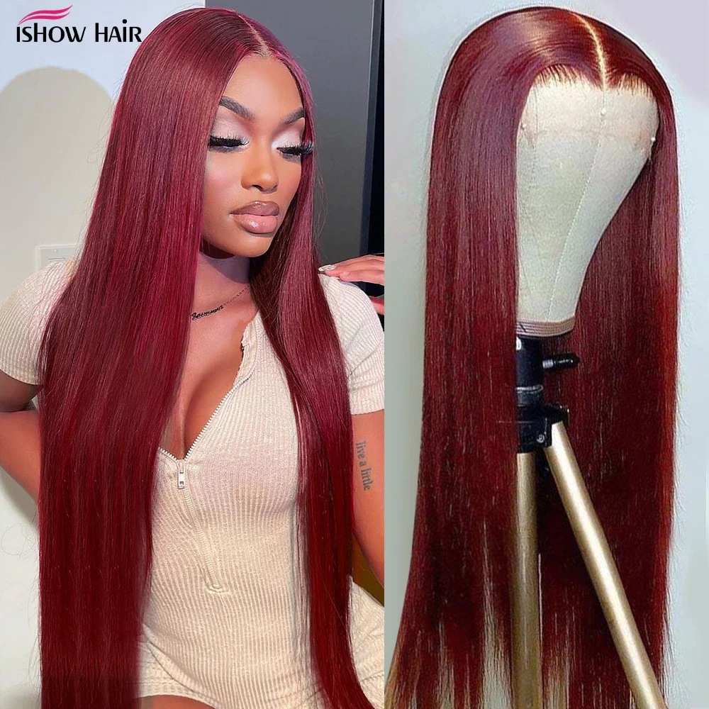 99J Straight 4x4 Lace Closure Wig Burgundy 13x4 13x6 Transparent Lace Front Human Hair Wigs For Women Pre Plucked Remy Hair