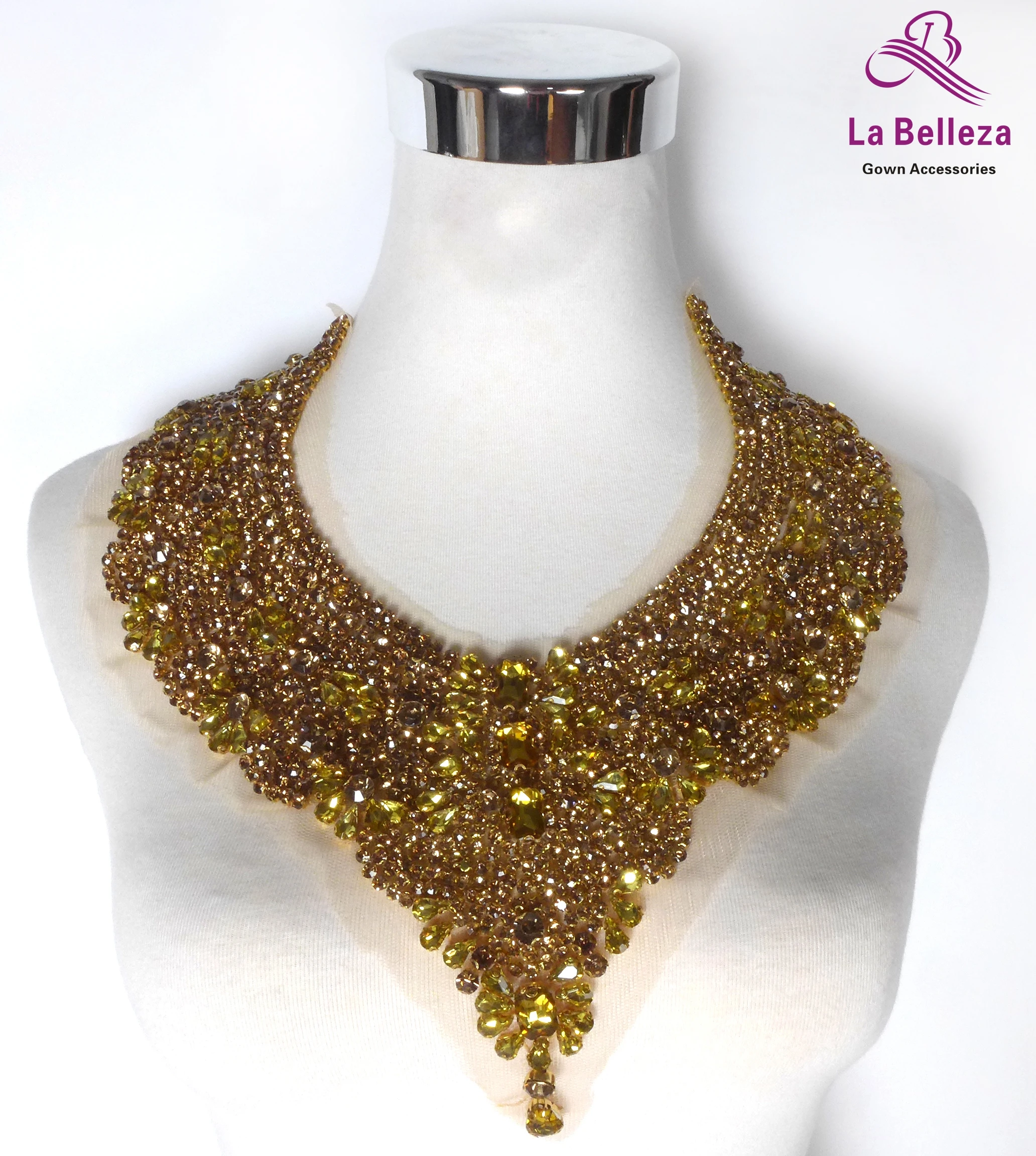 La Belleza beauty hand sewon neck bodice applique,gold silver crystal rhinestone applique Patch for dress accessories