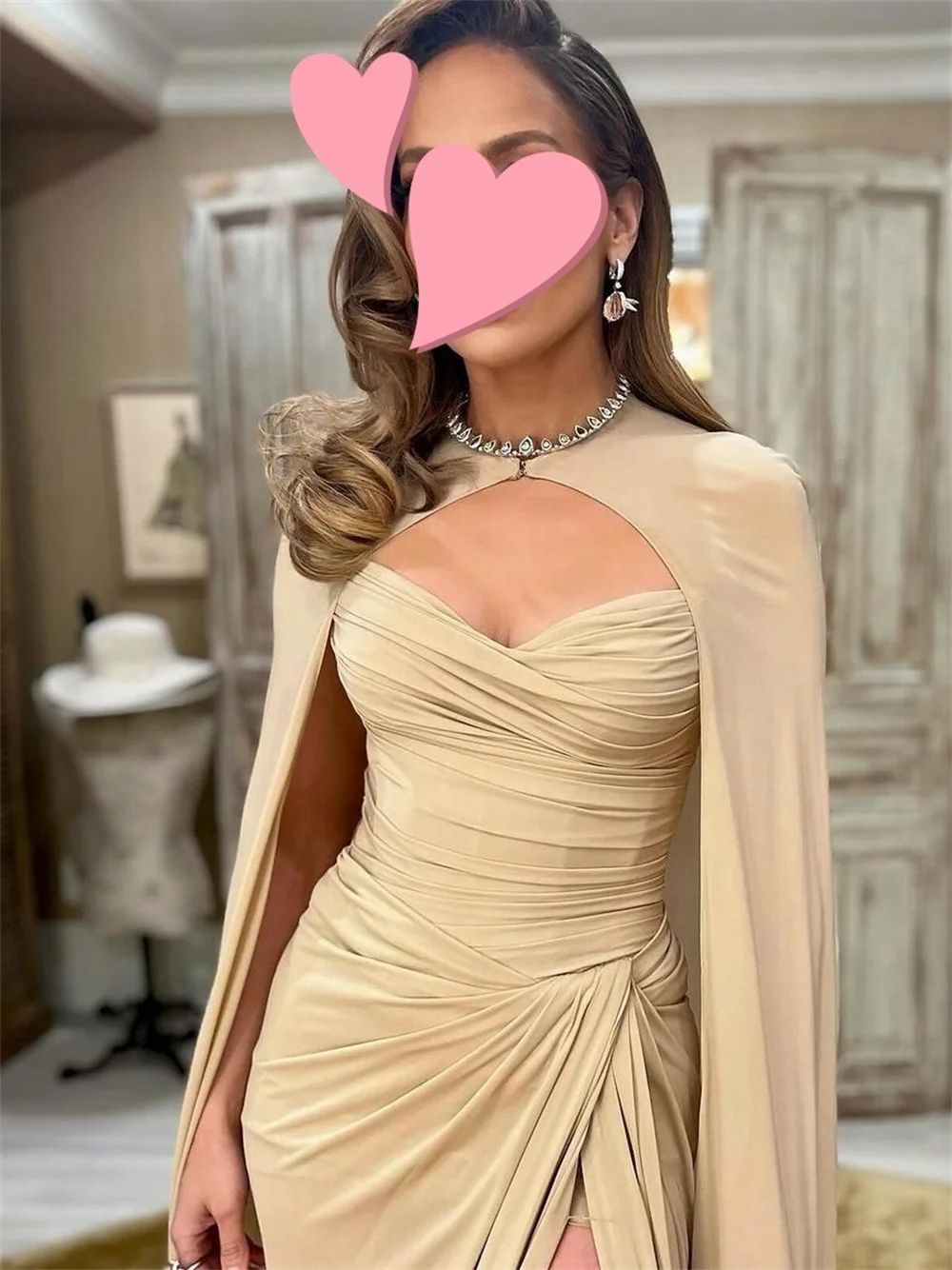 Mila Strapless Trumpet Sleeveless Customized Prom Dresses Side High Split pleats Party Dress Detachable Shawl Evening Dresses