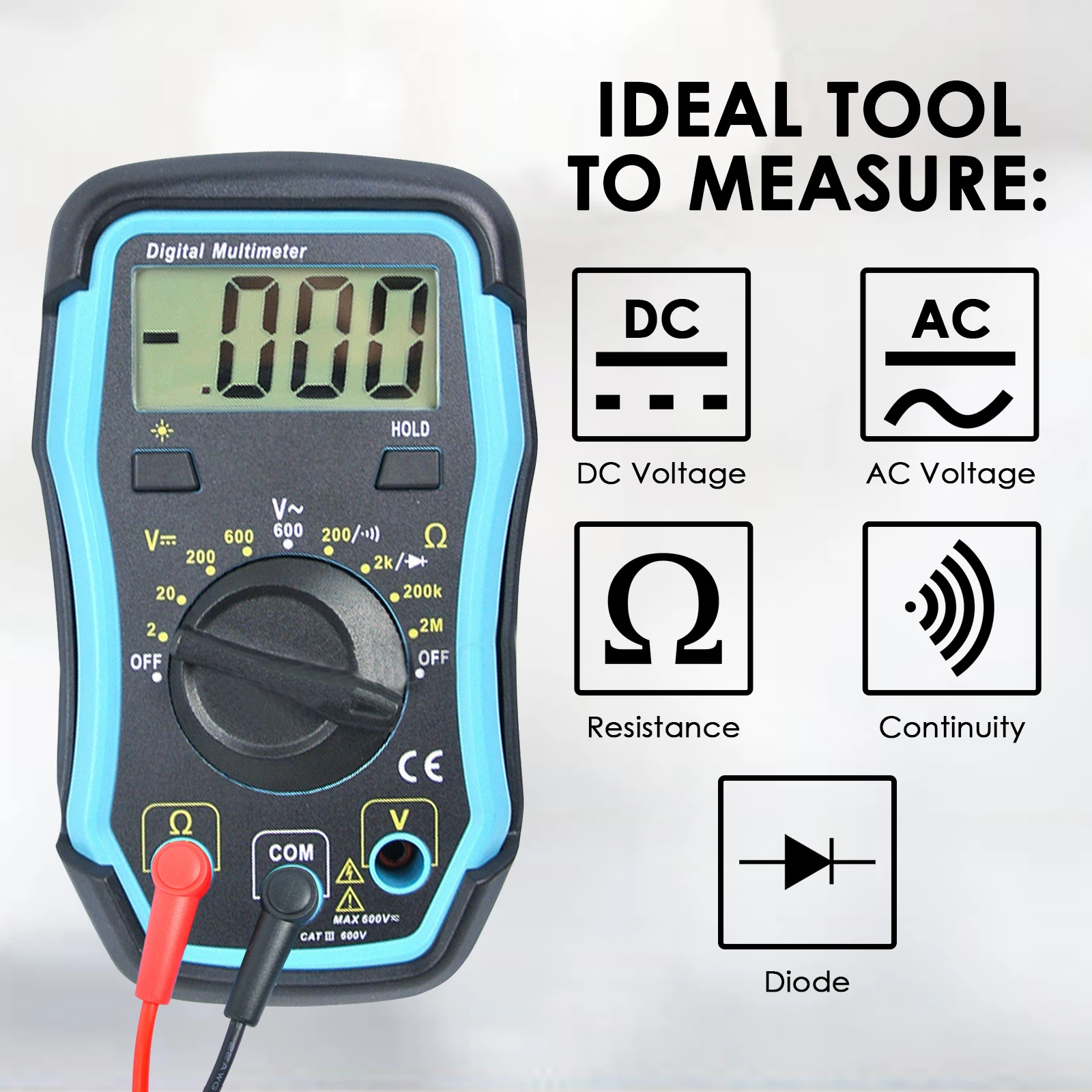 Digital Multimeter Overload Protection DC AC Volatge Resistance Diode Continuity Backlight Data Hold Function LCD Screen