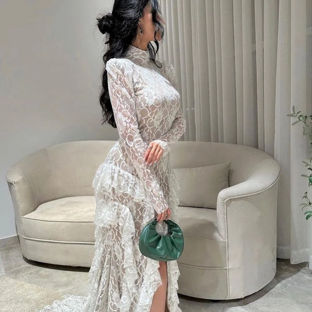 Meetlove Customized Full Sleeves Prom Dresses Floor-Length Lace Court Stain Zipper Up Wedding Party Women A-Line Grace 2023