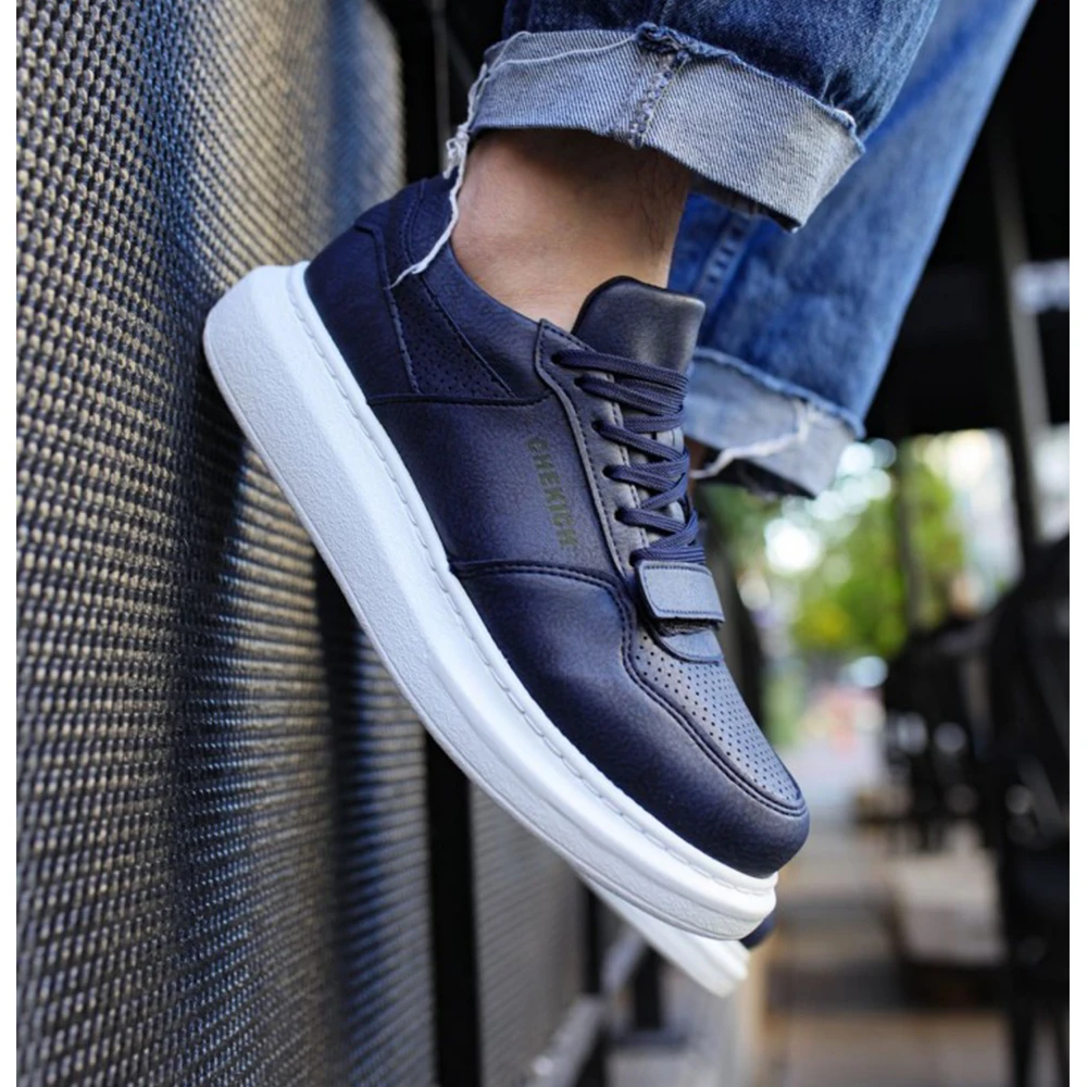 FOH Store Sneakers for Men NAVY BLUE Artificial Leather 2023 Spring Autumn Casual Lace Up Fashion Shoes High Base Sport Comfortable Light Daily Original Canvas Odorless Orthopedic Suits Office Wedding 073