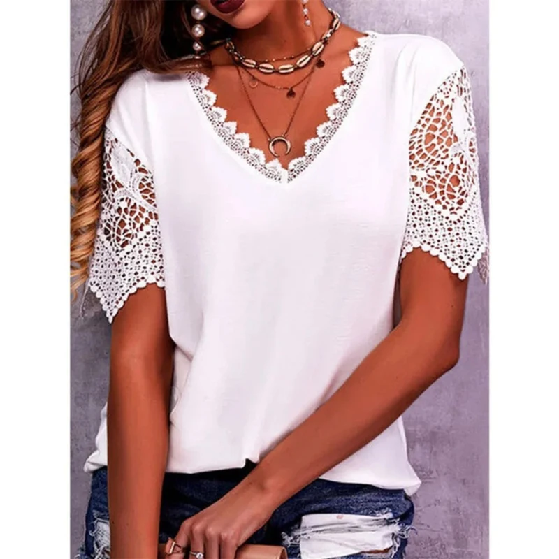 Vintage Fashion Lace Trendy Women T Shirts Casual Elegant Chic Oversized Blouses Tees Solid Color Streetwear Tops Odzież damska