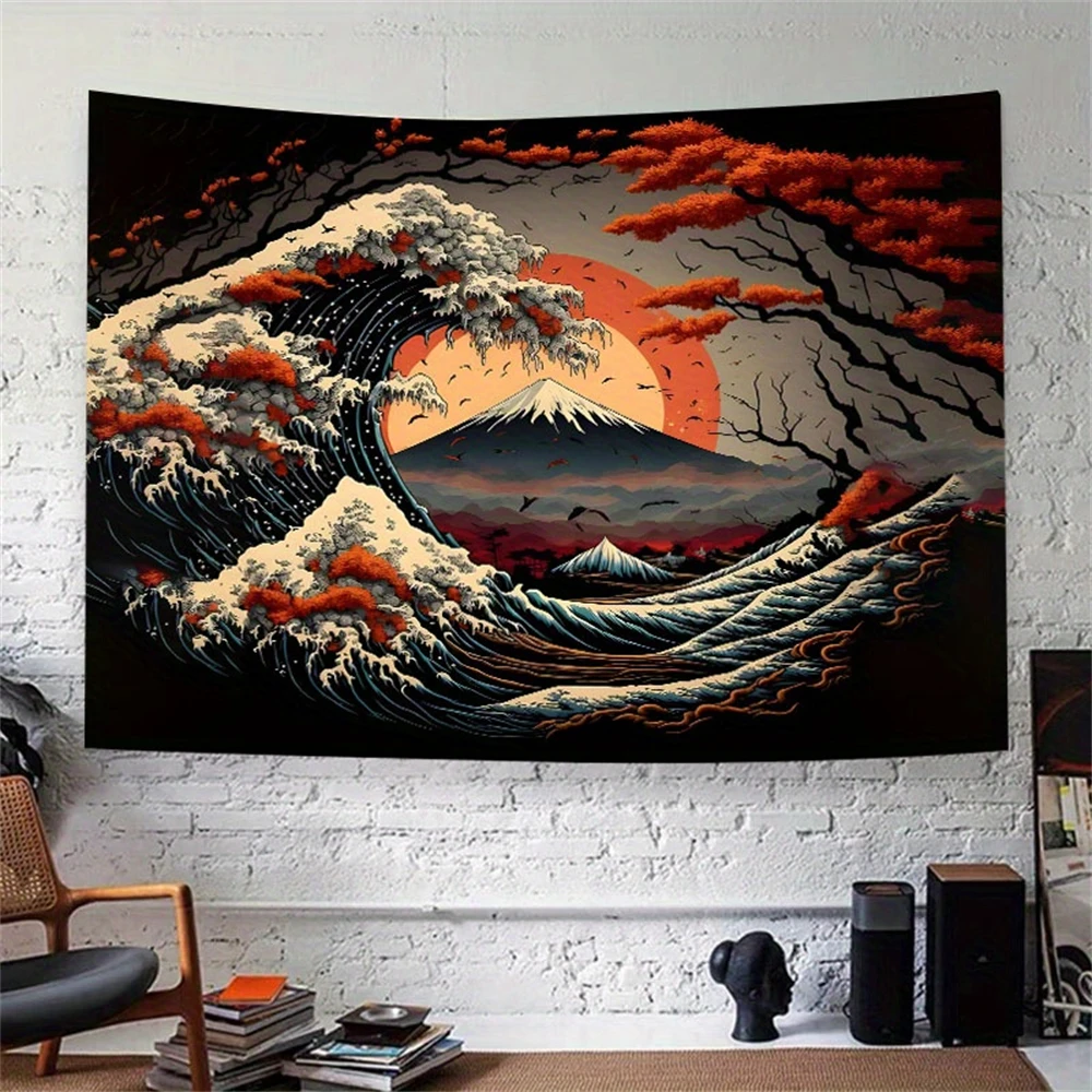 Japanese Great Waves Volcano Tapestry - Polyester Sun View Wall Hanging for Living Room Bedroom Dorm Decor, Perfect Gifts Family