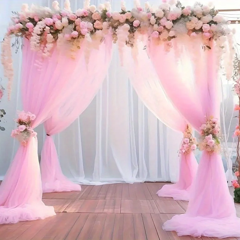 2 Stück transparente Hintergrundvorhänge – aus weichem, rosa Netzstoff, geeignet für Zeremonien, Hochzeiten, Partys und Veranstaltungen. – Detail 5