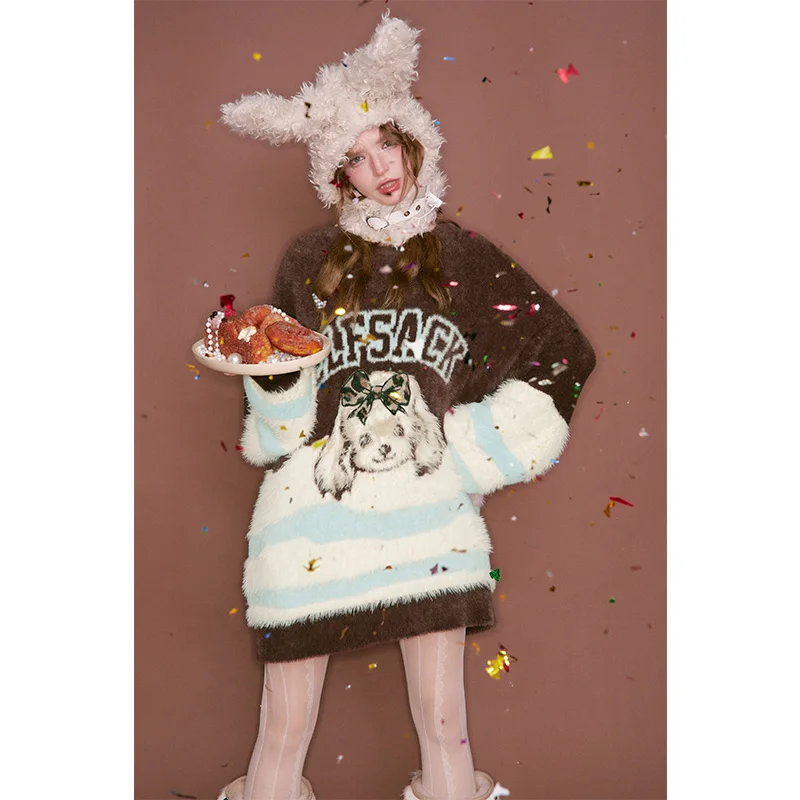 ELFSACK женский пуловер с длинными рукавами, свободный крой, круглый вырез, Y2K, бант с принтом собаки, сладкий, консервативный, повседневный, милый, крутой, вязаный