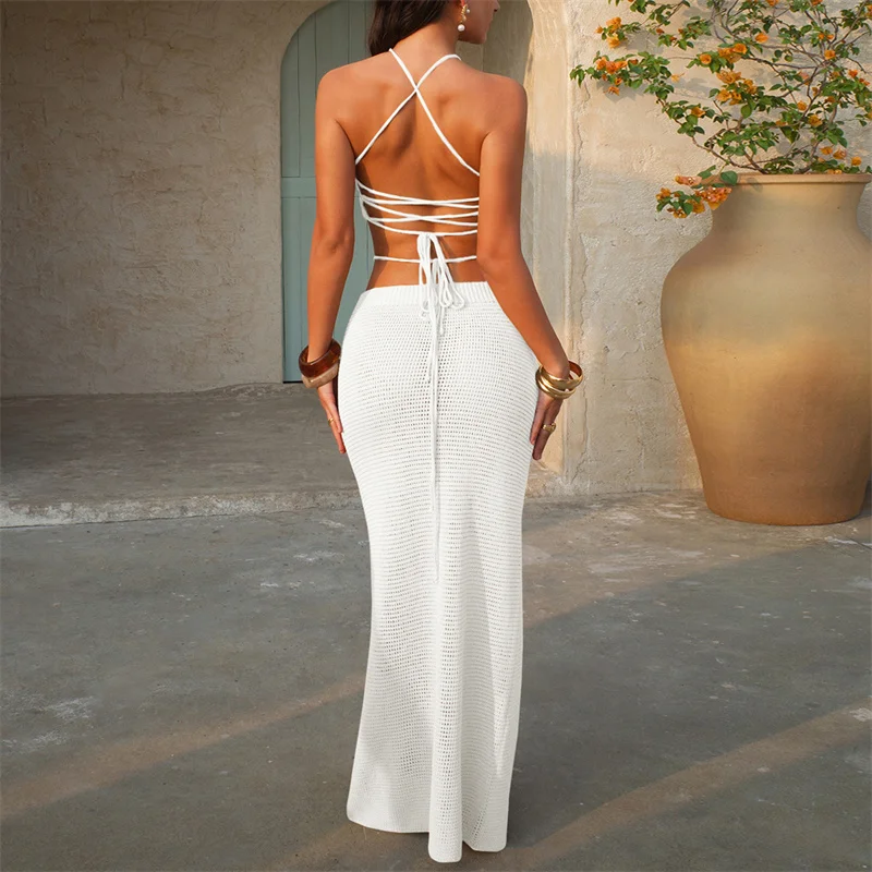 2 pièces Sexy licou à lacets longue robe en tricot plage Bikini haut court et taille haute jupe à bandes Crochet maillots de bain Cover-up maillot de bain