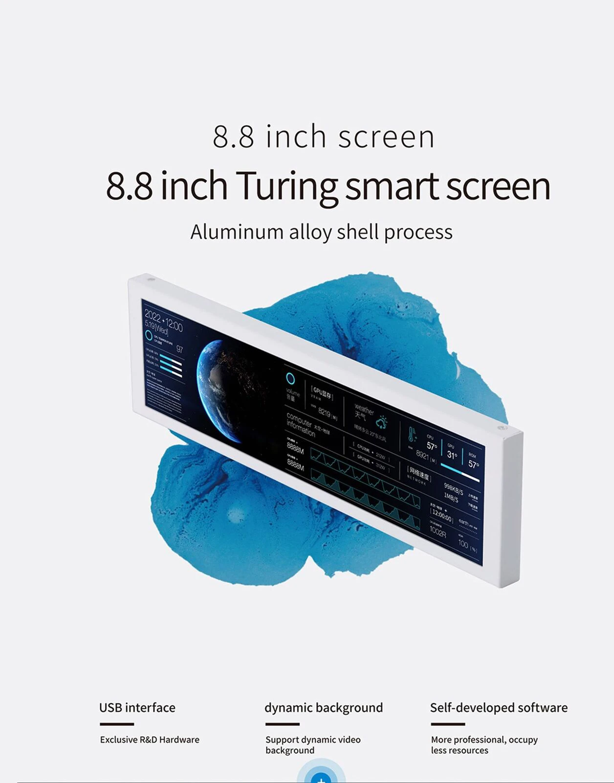 8,8 inch IPS secundair scherm 1920X480 pixels USB Type-C LCD-monitor PC-behuizing CPU GPU RAM Dislpay Computerbewaking Gratis AIDA64