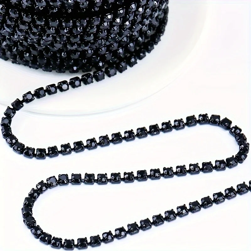 10Yards/roll Jet Black Rhinestones Chain Black Base SS6 SS8 SS12 SS16 Sew-On Glue-On For Clothes Garment Accessories trim Chain