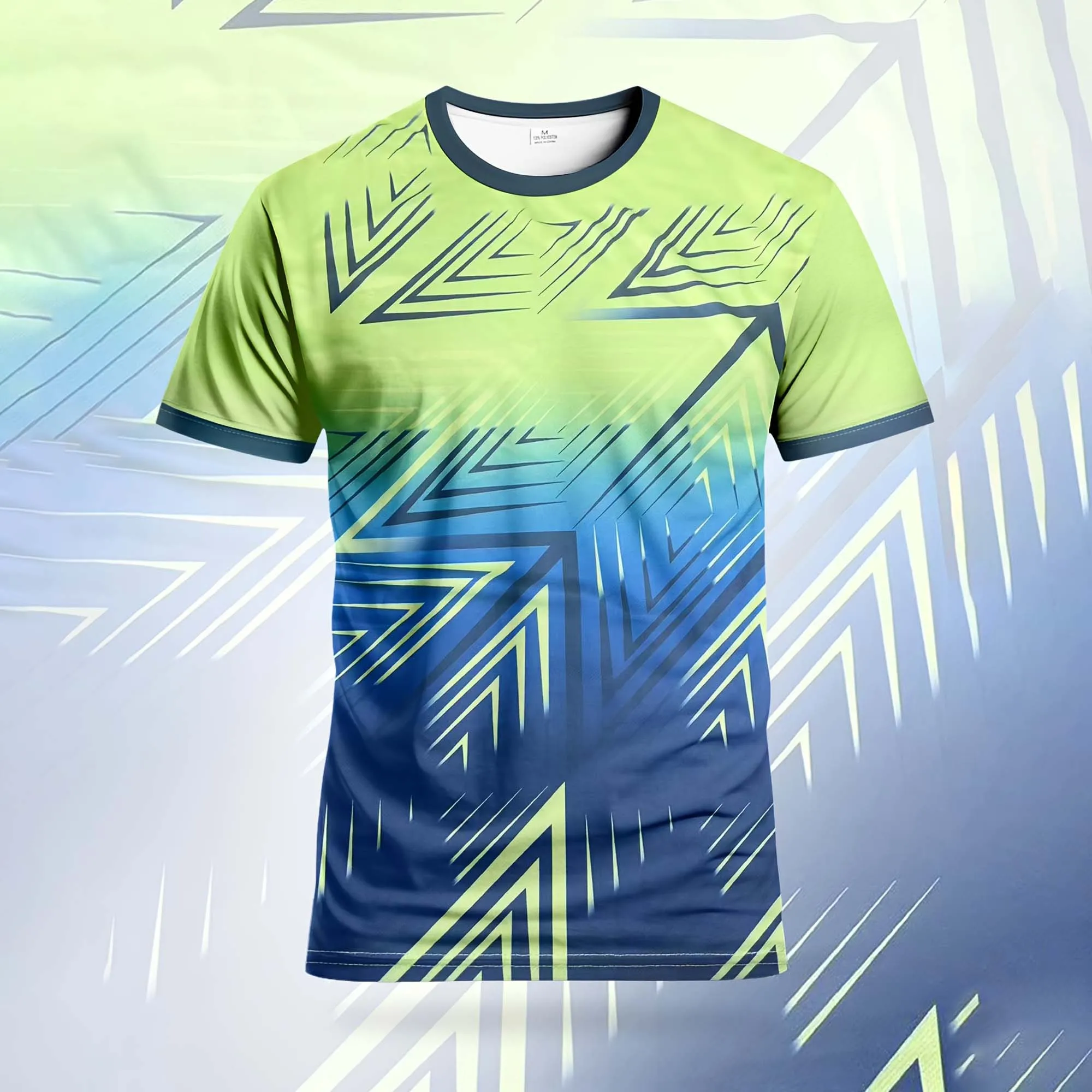 Leichtes Schnelltrocknendes Fußball-Trainingsshirt Kurzarm Grün-Blau Ombre Dynamischer Linien-Druck Atmungsaktives Wettkampf-Sport-T-Shirt