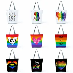 Shoulder Shopping Bag Fashion Reusable Colorful Customizable Handbags For Women Pride Cartoon Tote Love is Love Rainbow Graphic