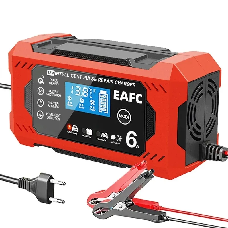 EAFC Autobatterieladegerät 6A 12V Auto- und Motorradbatterieladegerät Blei-Säure-Batterie Smart Repair LCD-Display