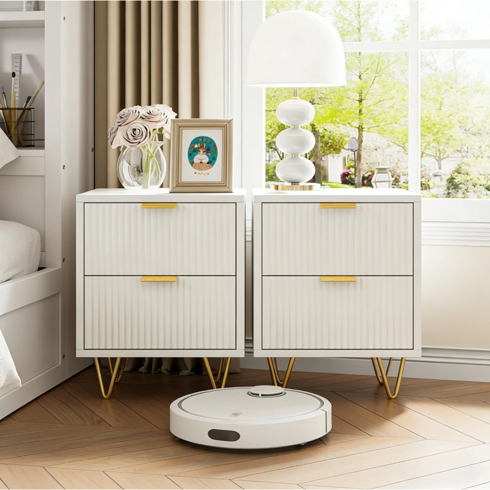 Lot de 2 Tables de Chevet Blanc, Tables de Nuit avec 2 Tiroirs, Petite Table, pour Chambre, Salon, Bureau, 40x40x55 cm