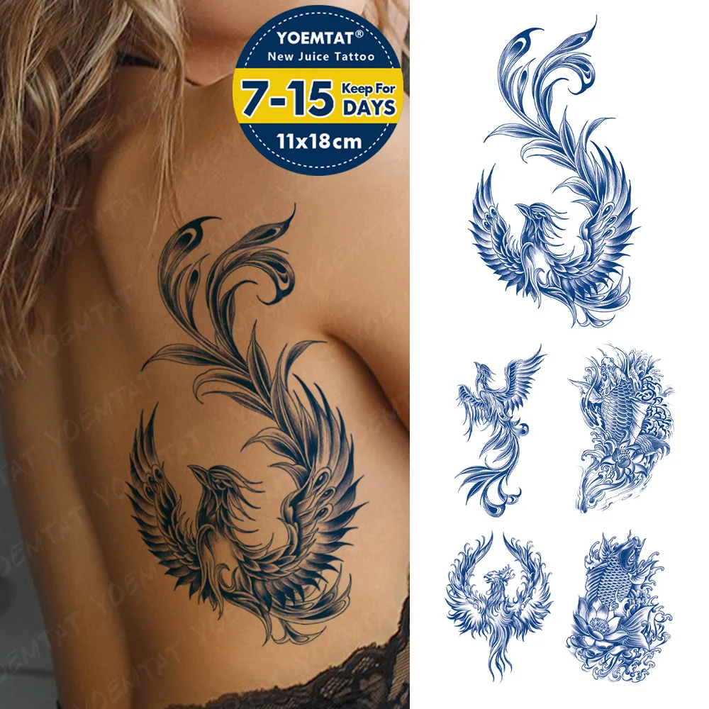 

Semi-Permanent Herbal Chinese Phoenix Carp Waterproof Temporary Tattoos Stickers Juice Ink Lasting Back Fake Tattoo Women Men