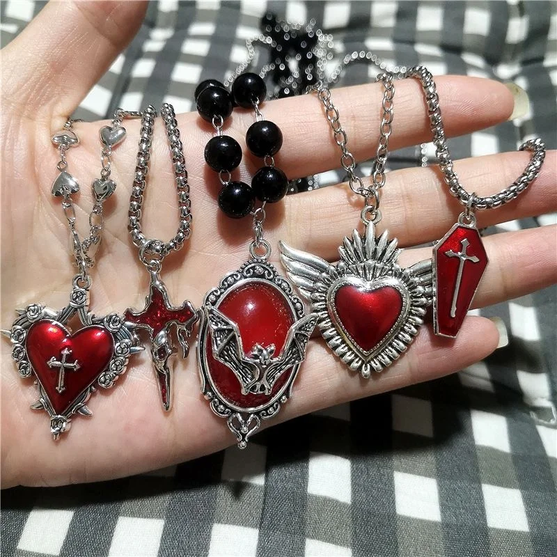 5Pcs Gothic Red Imitation Enamel Cross Bat Coffin Pendant Necklace Dark Aesthetic Jewelry