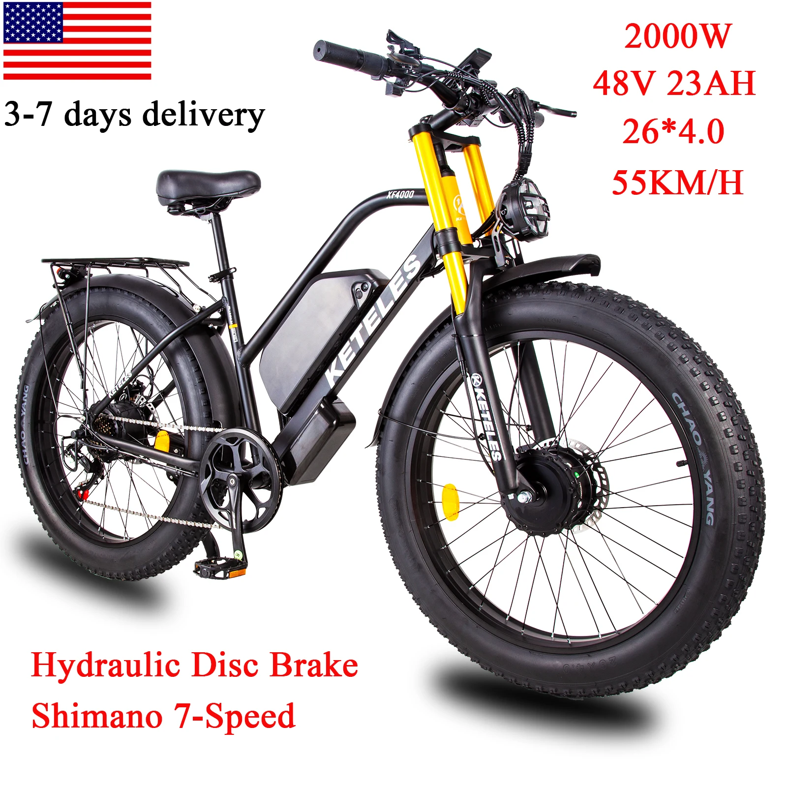 

Electric Bicycle XF4000 Dual Motor 2000W E Bike, 48V, 23AH Big Battery, Hydraulic Disc Brake, Shimano 7 Speed, 26x4.0 Tire