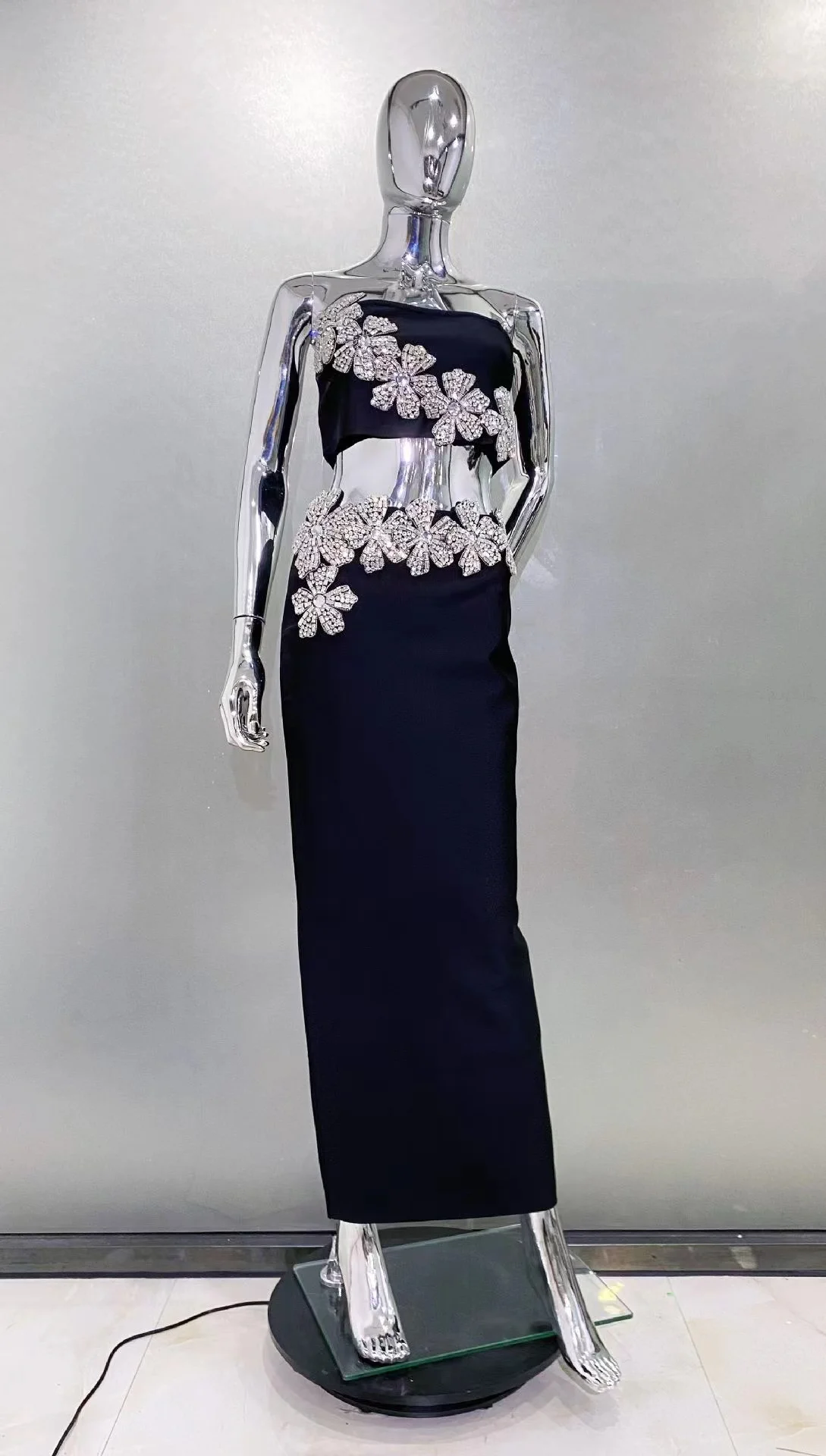 High quality women summer black Diamond flower short tops +high waist pencil skirt 2 piece bandage set vintage