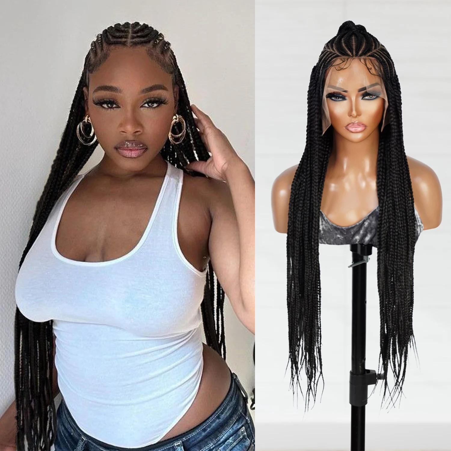 

Authentic Glueless Full Lace Braided Wig Medium Half Up Fulani Crisscross Design Feed-In Braids 36" 1B BW Unit13