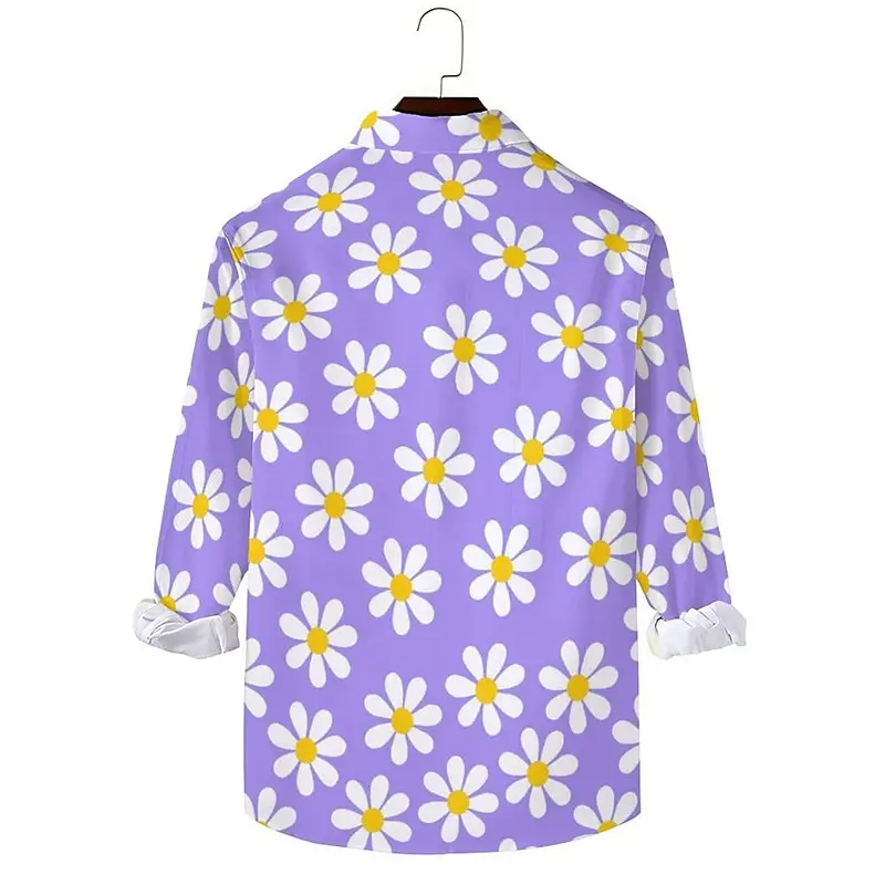 Floral Daisy Casual Men\'s Shirt Casual Wear Casual Spring and Summer Loose Long Sleeve Purple, Orange Stretch Fabric Shirt